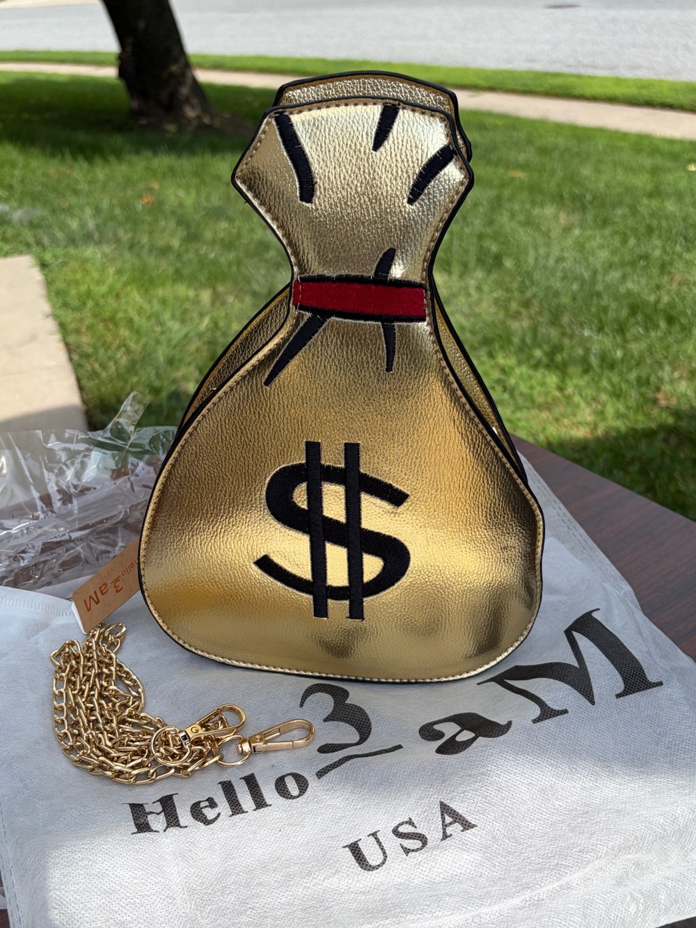 Hello 3AM Gold Money Bag Crossbody Purse Dollar Sign Novelty Chain NWT